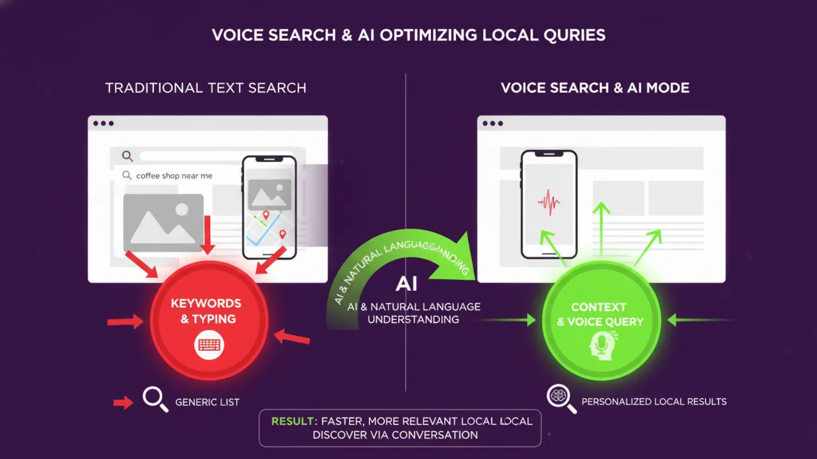 Diagram comparing traditional text search with voice search and AI mode for local queries