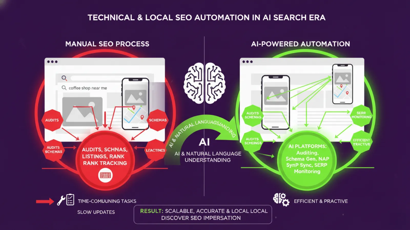 Diagram comparing a manual local SEO process with AI-powered automation of audits, schema, listings and rank tracking