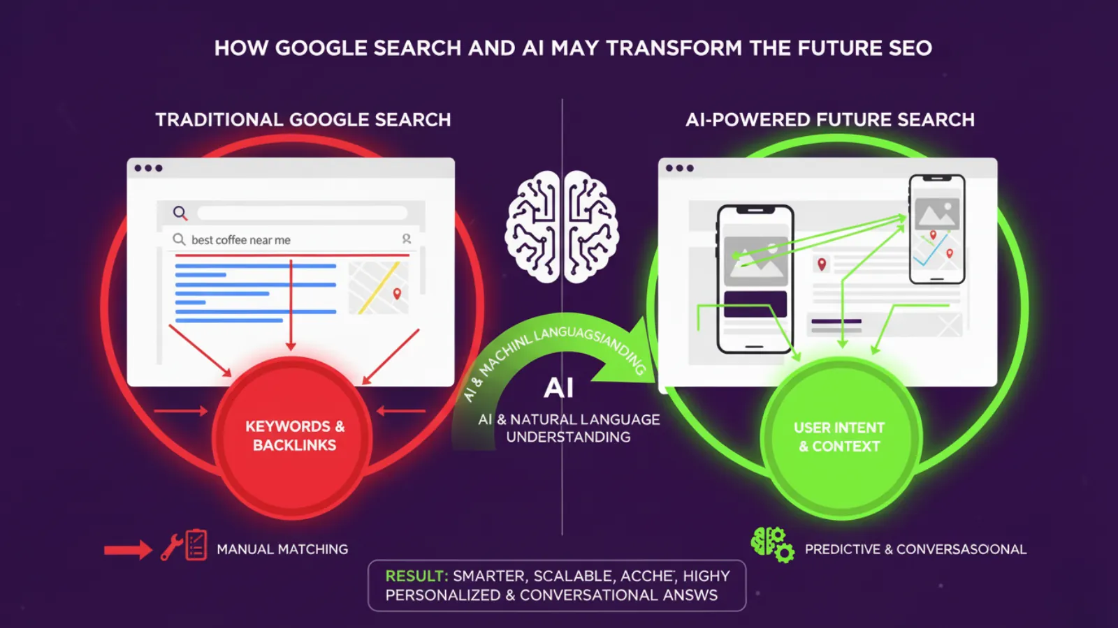 Diagram of how AI may transform Google search: keywords and backlinks giving way to user intent and context