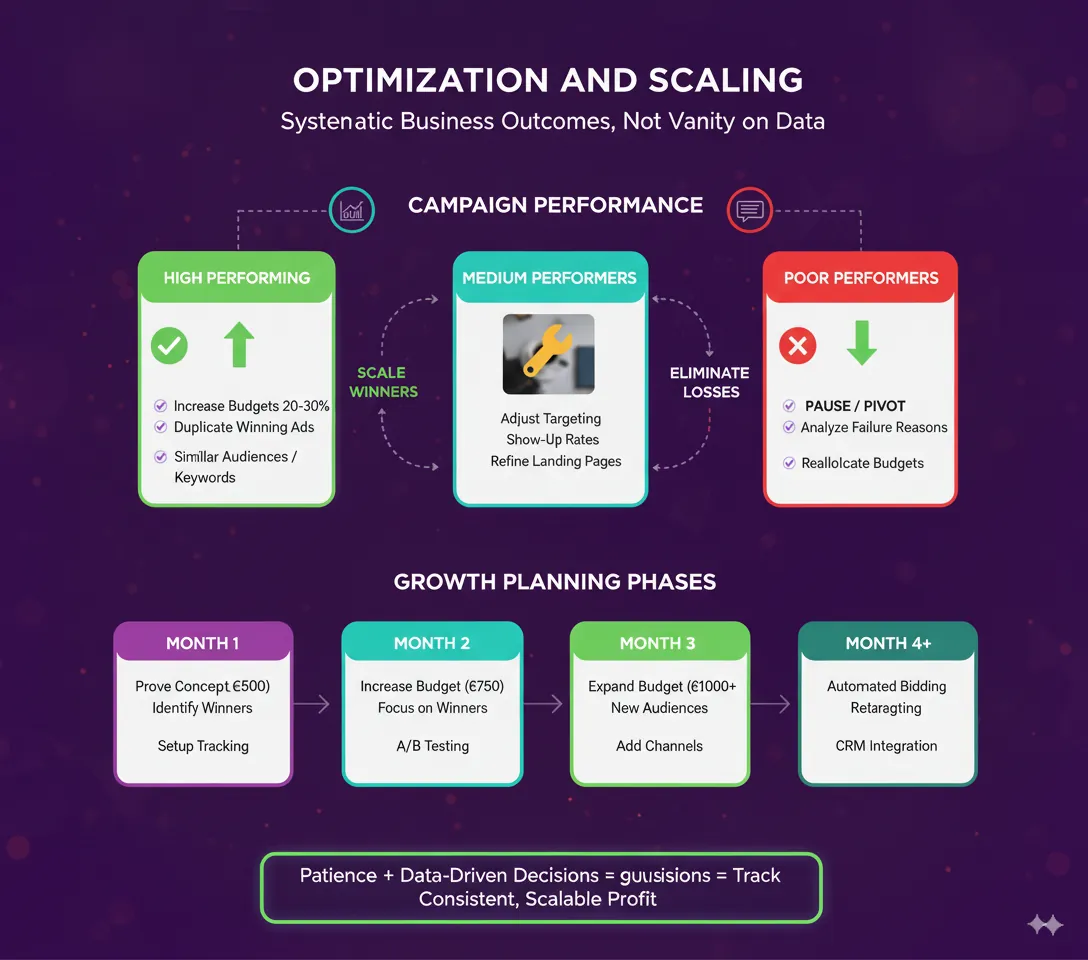 Optimisation and scaling: scale high performers, adjust medium ones and eliminate poor ones, month Optimisation and scaling: scale high performers, adjust medium ones and eliminate poor ones, month by month