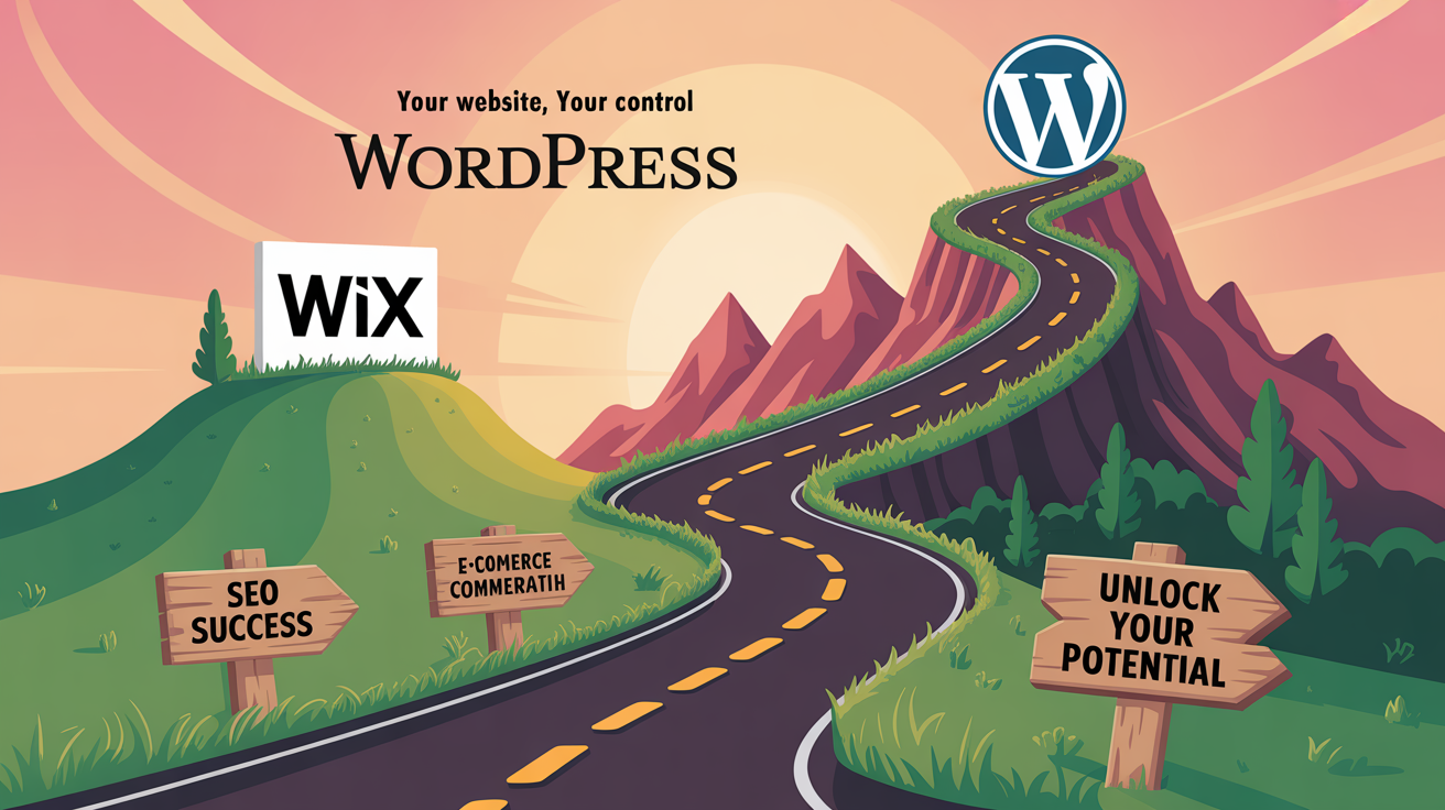 A conceptual advertisement visualizing the transition from Wix to WordPress, showcasing a panoramic landscape with a stylized road winding upwards. At the base of a small, grassy hill sits the Wix logo, while the peak of a towering mountain displays the WordPress logo, connected by a vibrant, ascending path featuring icons representing SEO success, advanced customization tools, e-commerce functionality, and data ownership—each marked by a rustic wooden signpost reading "Unlock Your Potential". The scene is bathed in warm, golden sunlight, creating a sense of progress and achievement, with the tagline "Your Website, Your Control" subtly integrated into the mountain landscape, reinforcing WordPress's empowering brand identity.