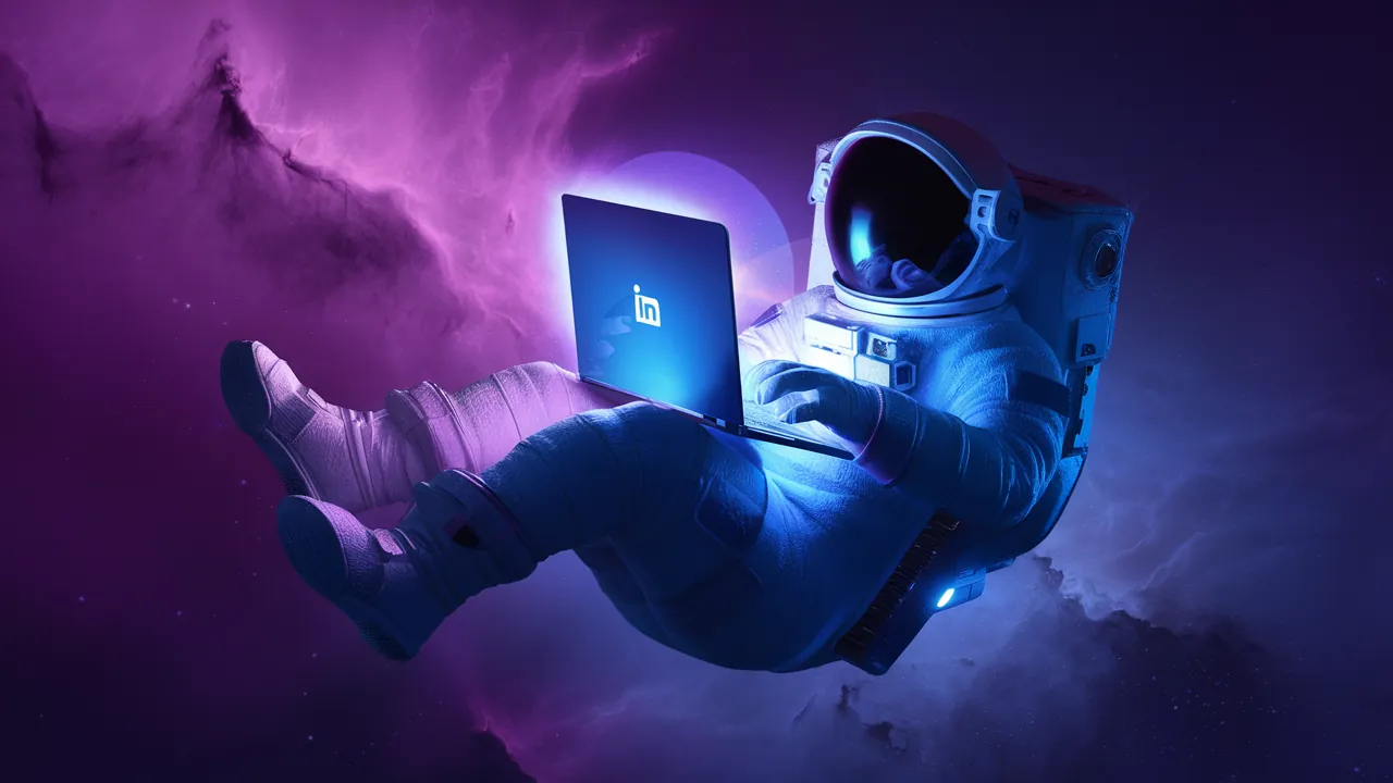 An astronaut holding a laptop with the LinkedIn logo against a purple nebula An astronaut holding a laptop with the LinkedIn logo against a purple nebula